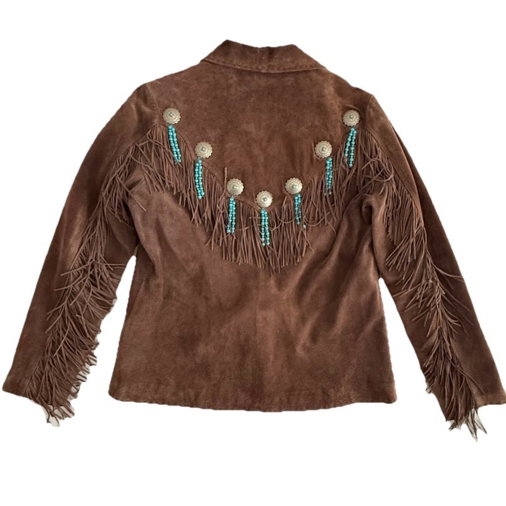 Vintage SAGUARO Brown Suede Leather Beaded Fringe Cowboy Western Jacket Size L - Picture 3 of 16
